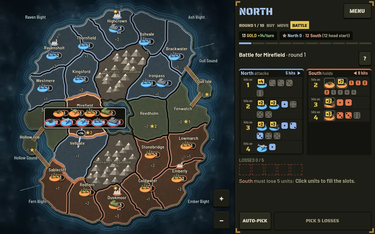 Fronthold on a desktop: the map on the left, a battle's dice and the losses still to pick in the sidebar on the right.