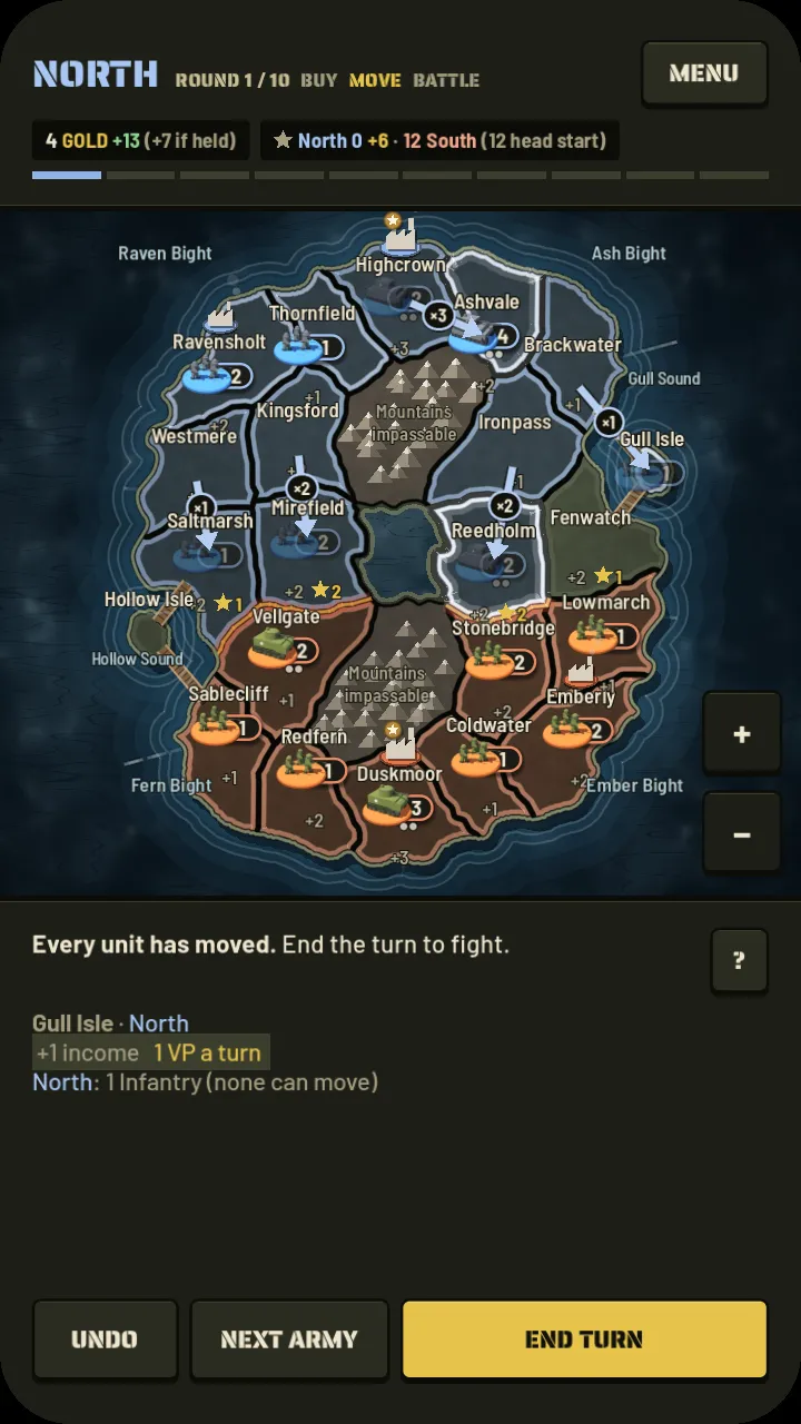 Fronthold on a phone: a map of territories with tanks and infantry, arrows showing moves, and the turn panel below.